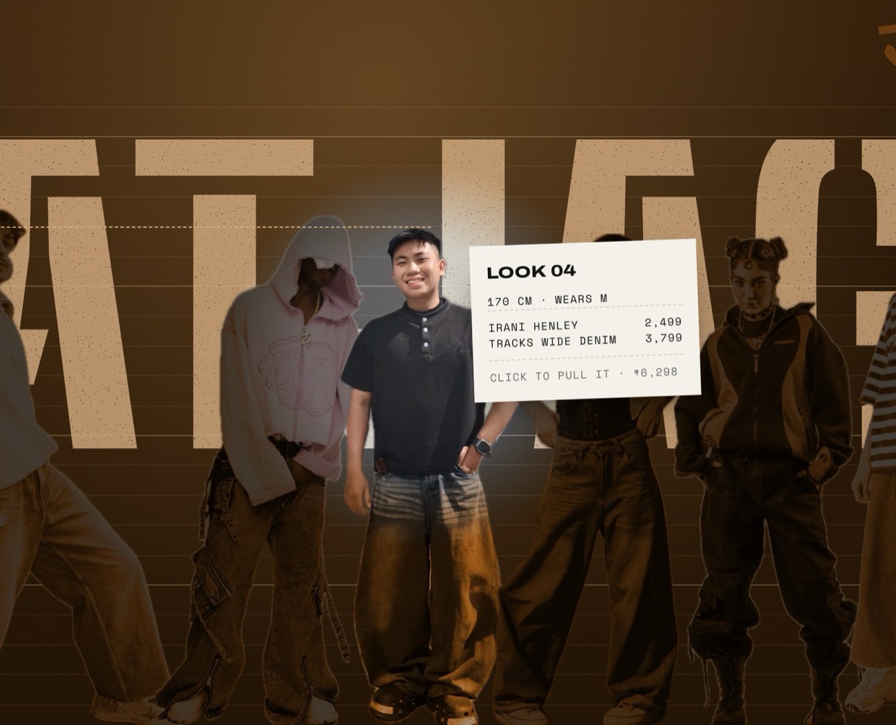 Ratjaga — streetwear looks on a night wall under sodium light, one lit in true colour by the torch